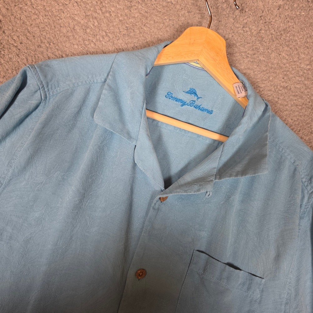 Tommy Bahama‎ Silk Button Up Shirt Mens Large Blue Excellent Floral Jacquard